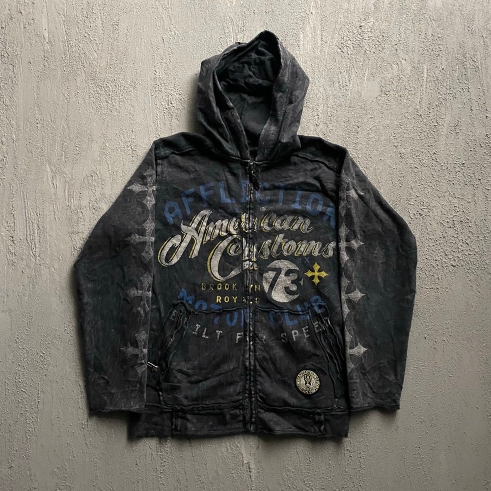 Vintage Skull Graphic Zip Up Hoodie Mens Small Black Y2K Affliction